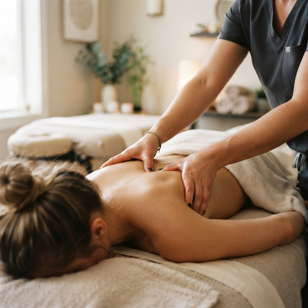 Massage therapist performing deep tissue work on a client's shoulder